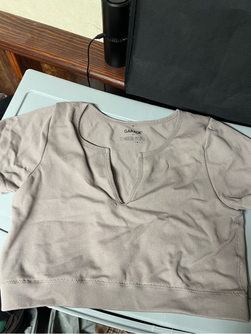Garage Short Sleeve Ribbed Top in Taupe